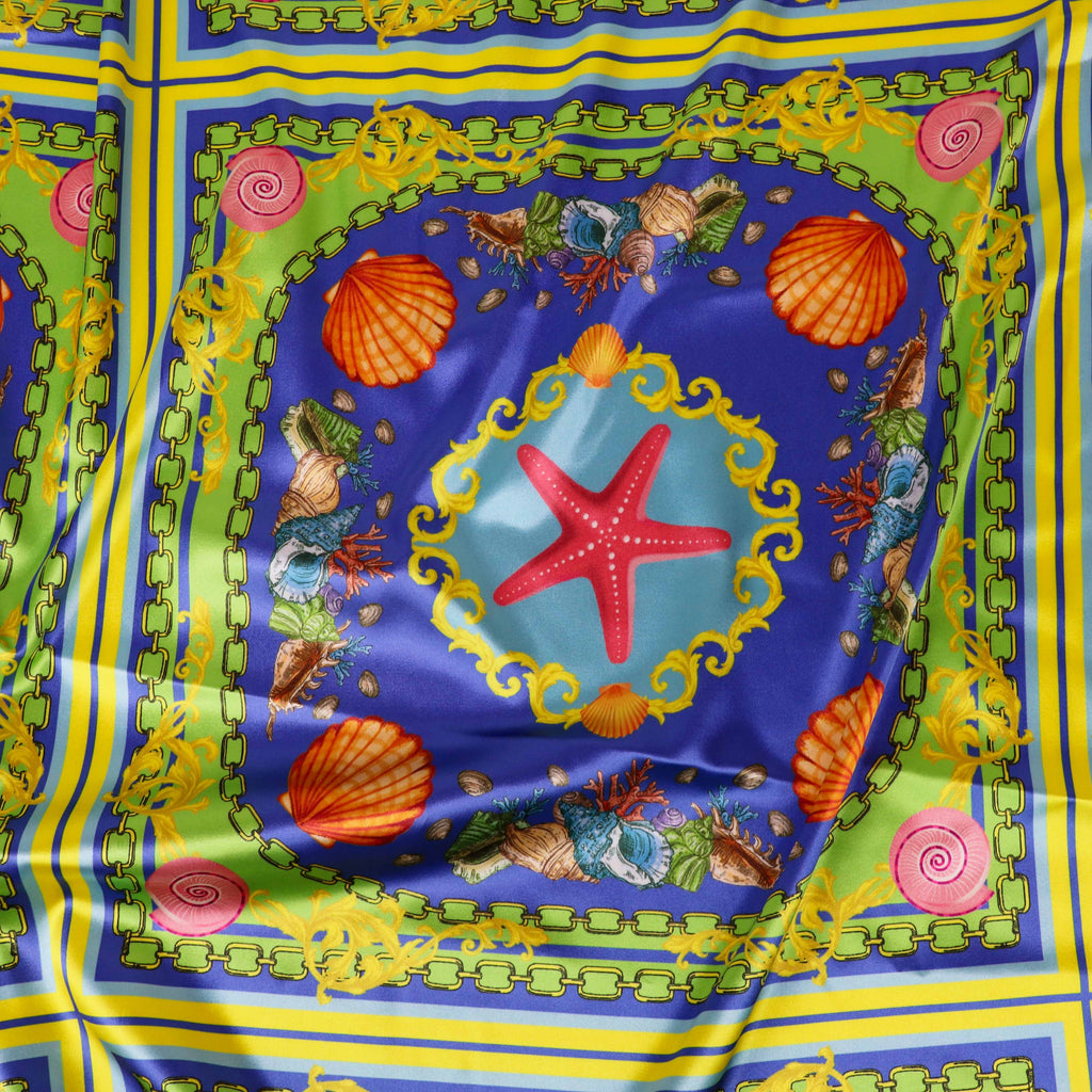Blue Nautical Seashell Starfish Scarf Print Stretch Satin Fabric