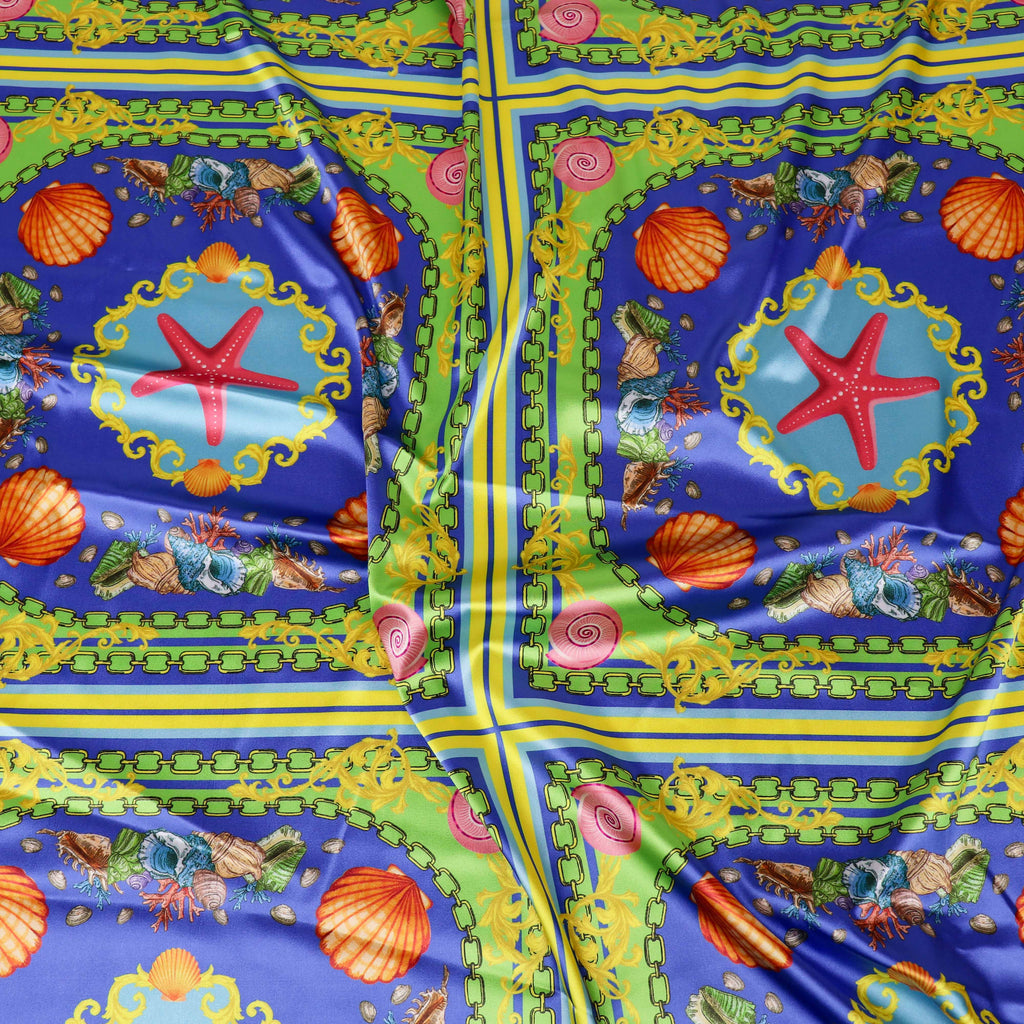 Blue Nautical Seashell Starfish Scarf Print Stretch Satin Fabric