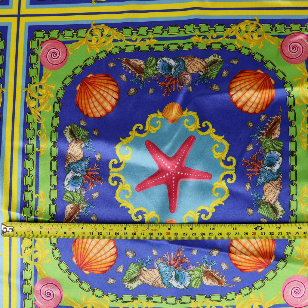 Blue Nautical Seashell Starfish Scarf Print Stretch Satin Fabric