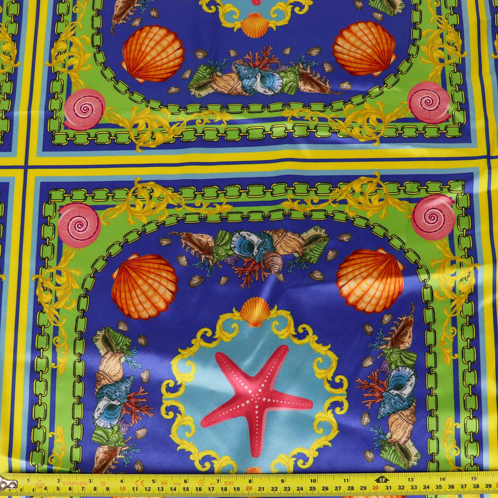 Blue Nautical Seashell Starfish Scarf Print Stretch Satin Fabric