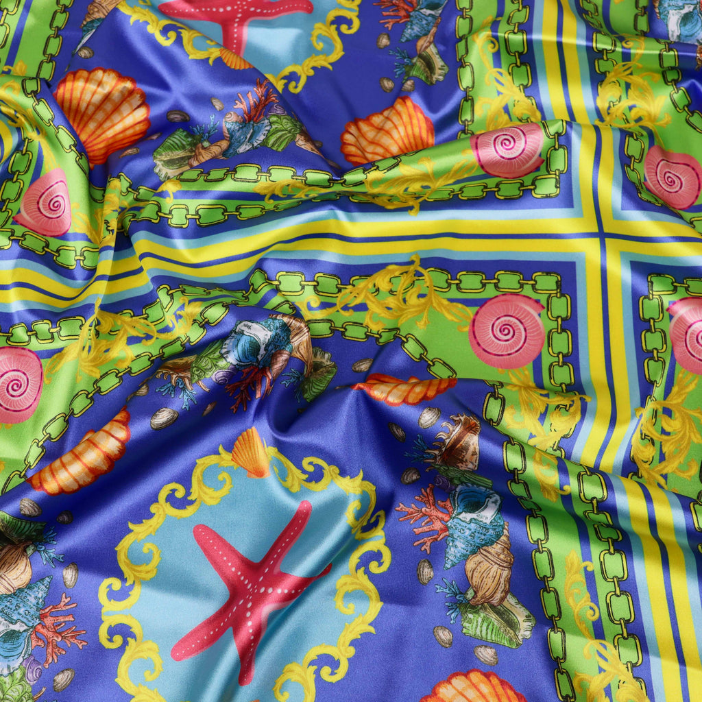 Blue Nautical Seashell Starfish Scarf Print Stretch Satin Fabric