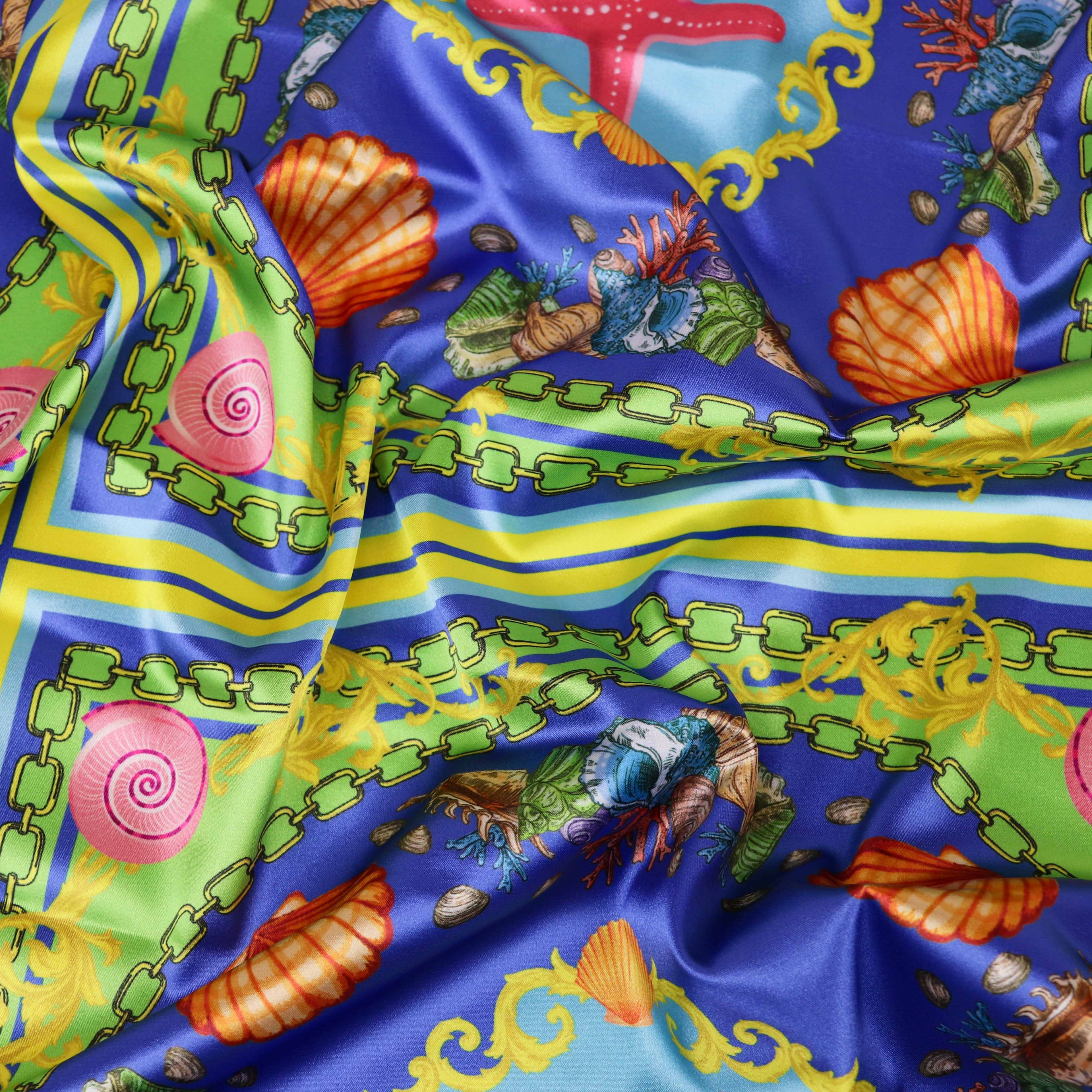 Blue Nautical Seashell Starfish Scarf Print Stretch Satin Fabric