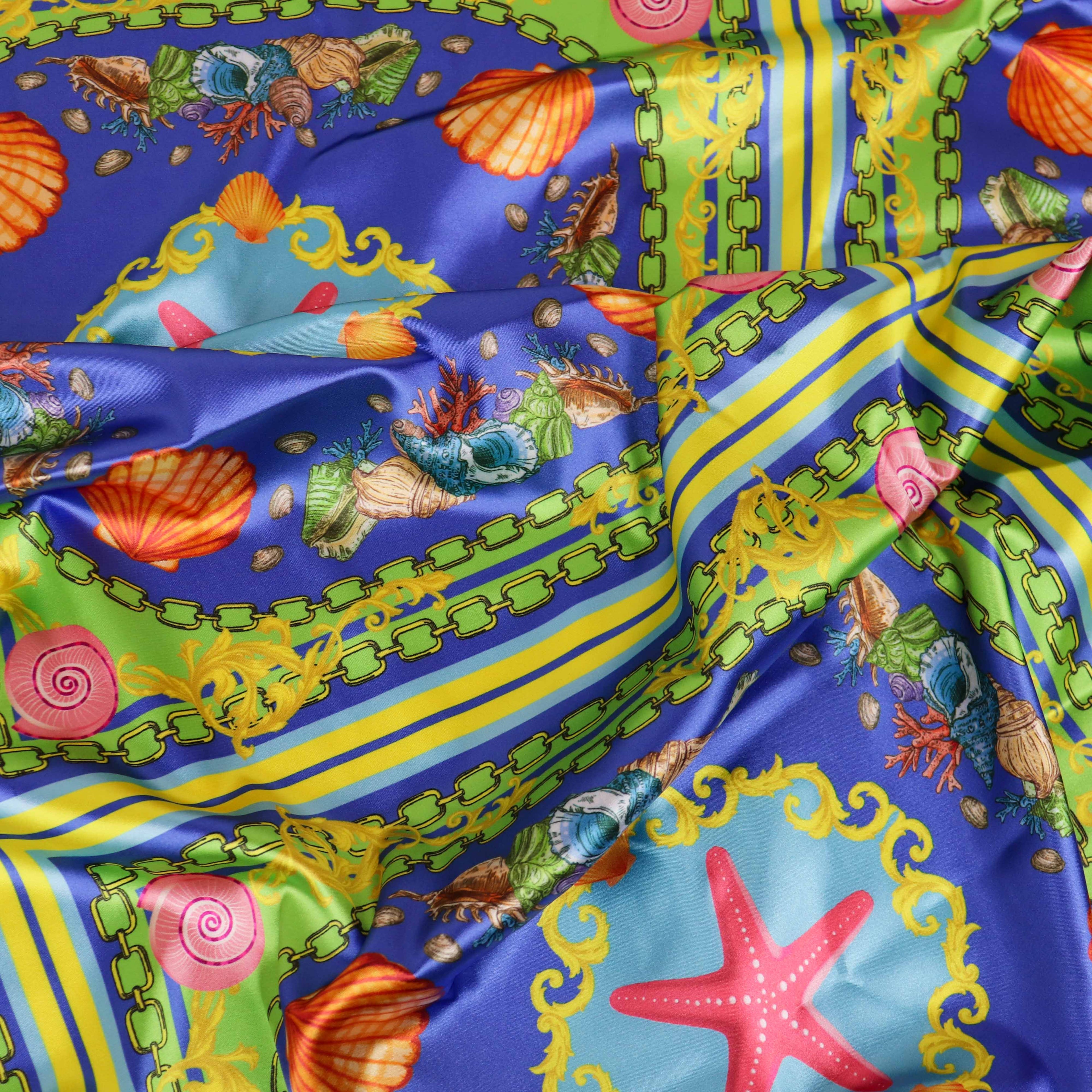 Blue Nautical Seashell Starfish Scarf Print Stretch Satin Fabric