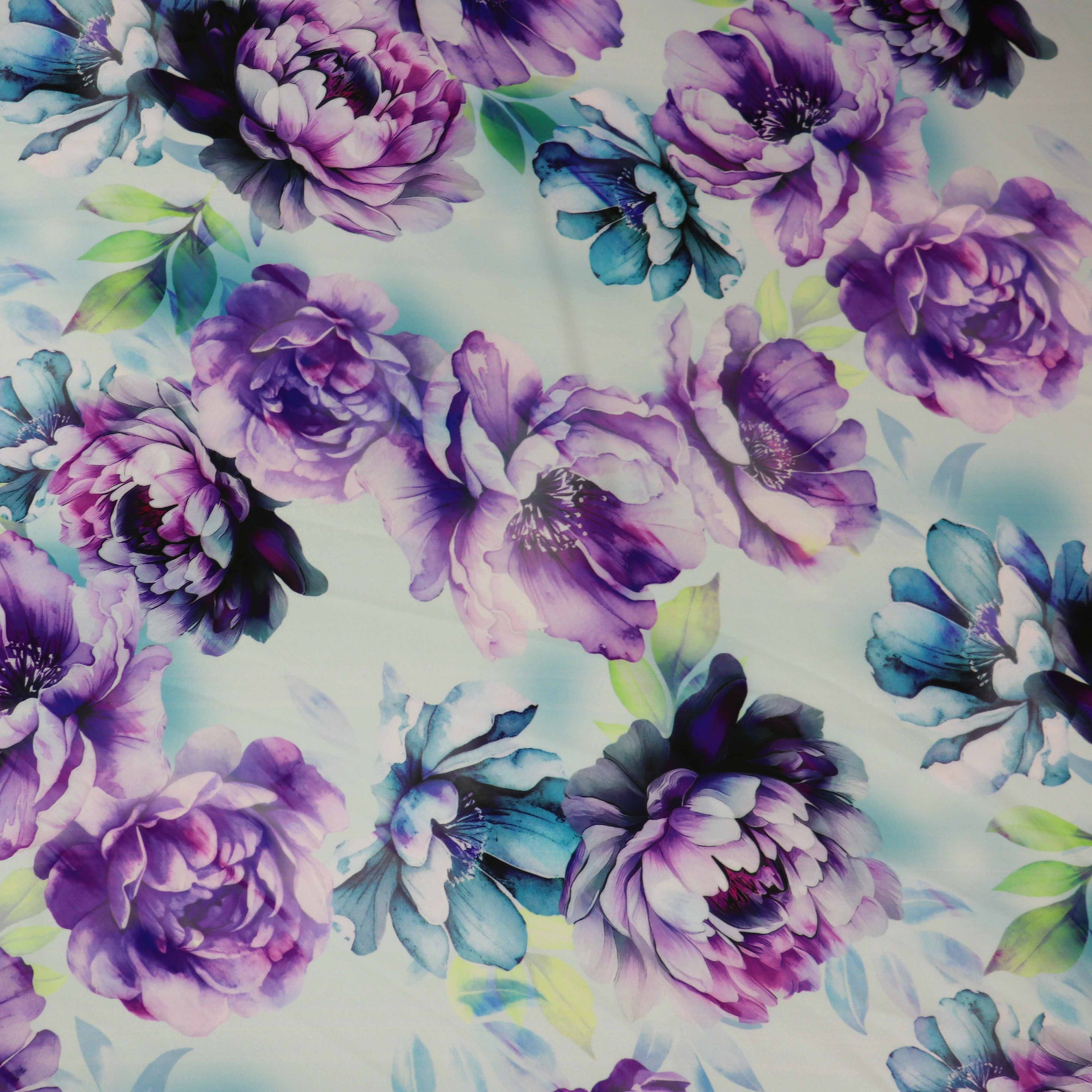 Lilac Purple Teal Watercolour Floral Woven Crepe Dress Fabric
