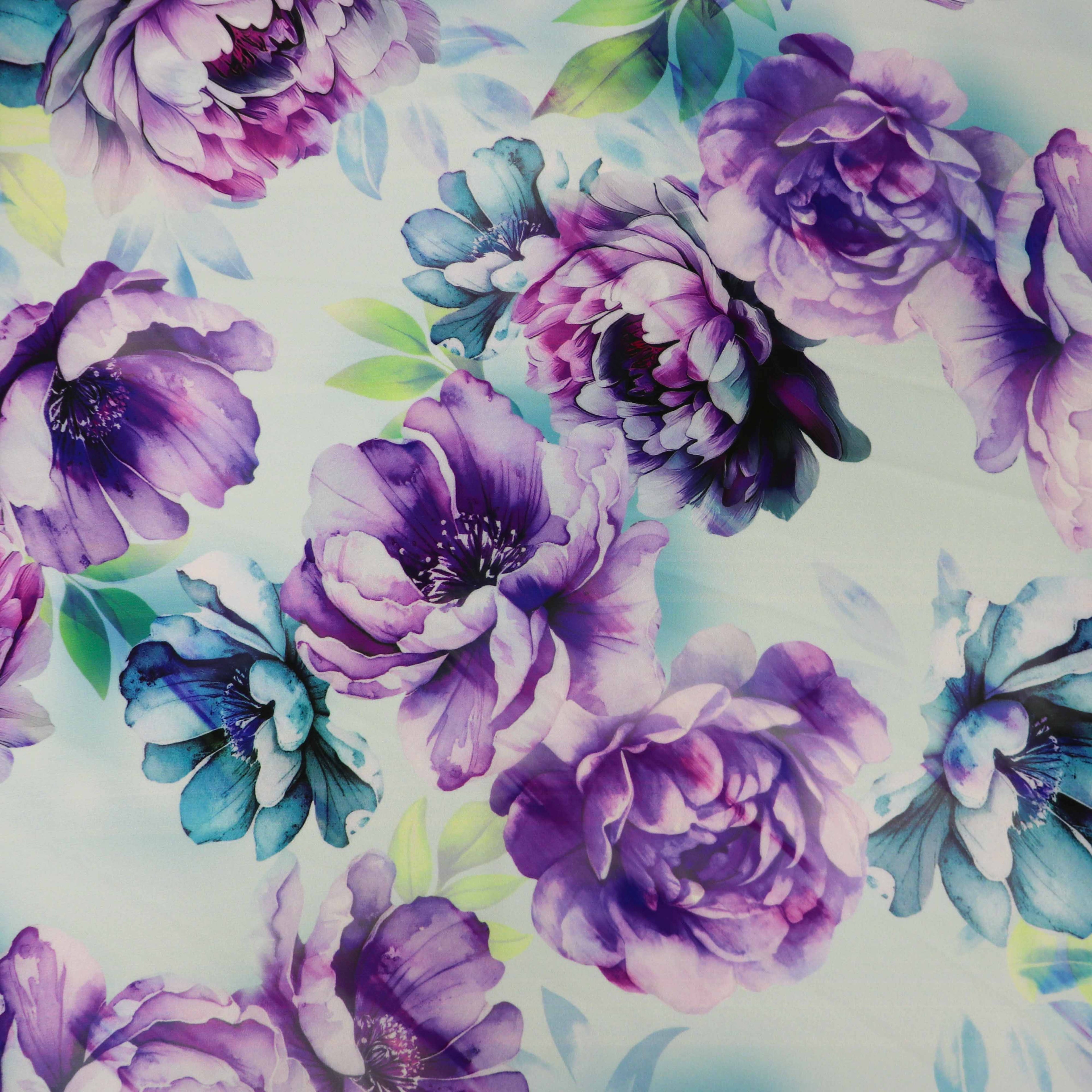 Lilac Purple Teal Watercolour Floral Woven Crepe Dress Fabric