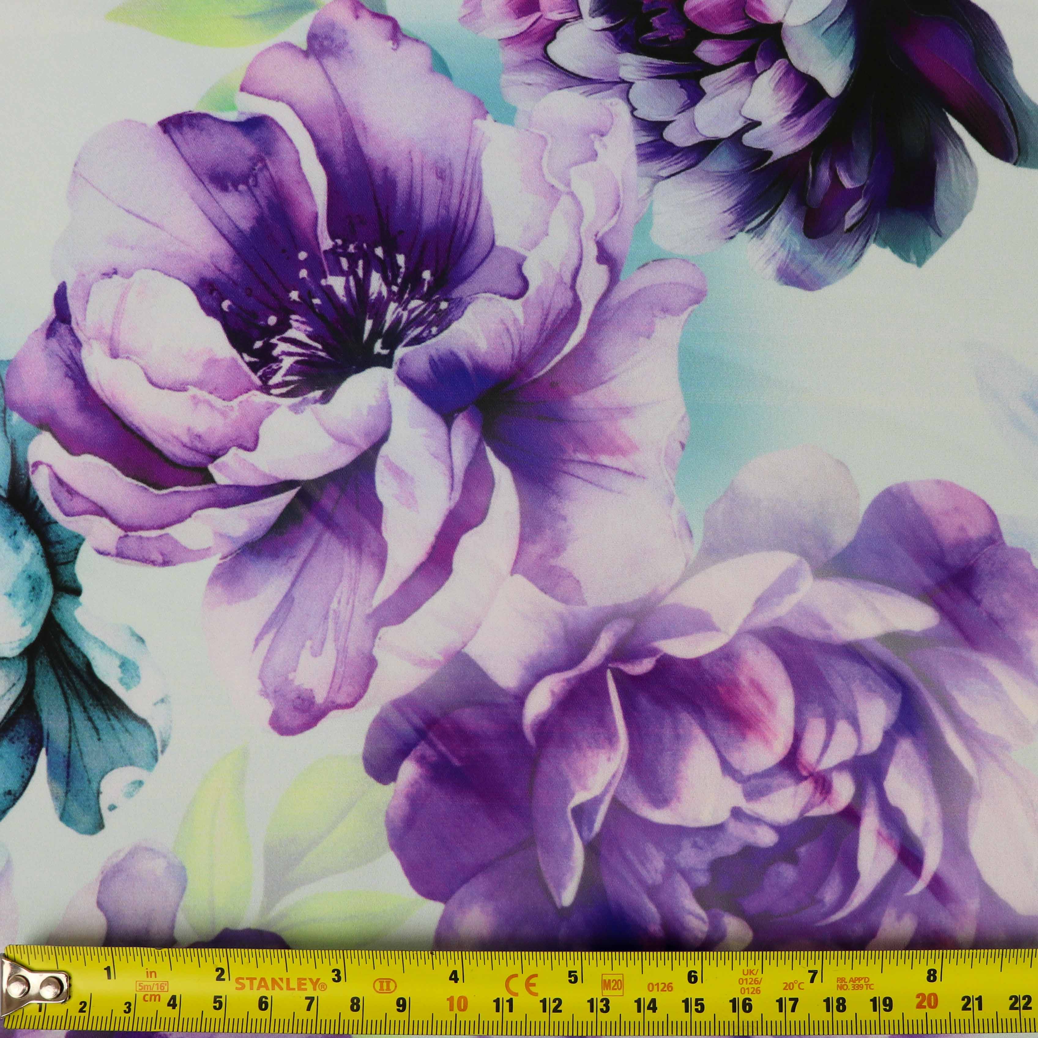Lilac Purple Teal Watercolour Floral Woven Crepe Dress Fabric