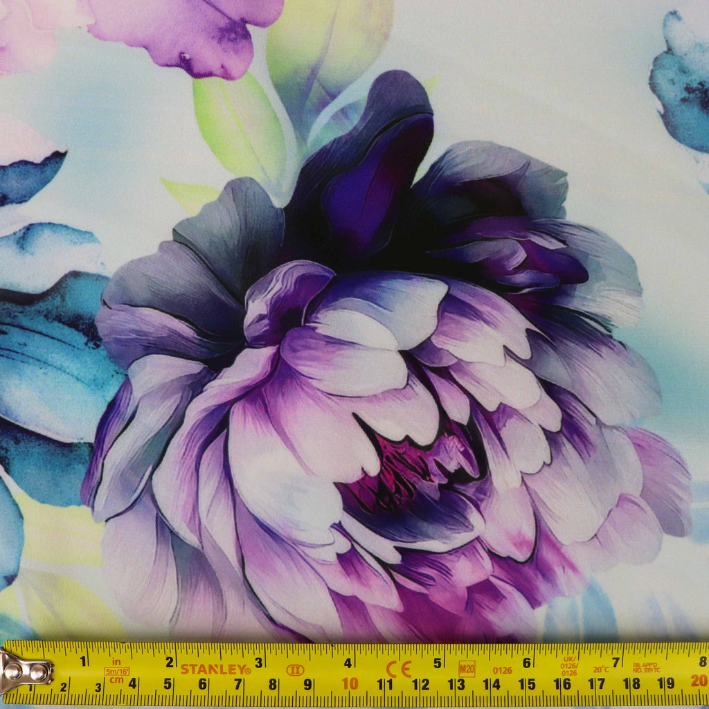 Lilac Purple Teal Watercolour Floral Woven Crepe Dress Fabric