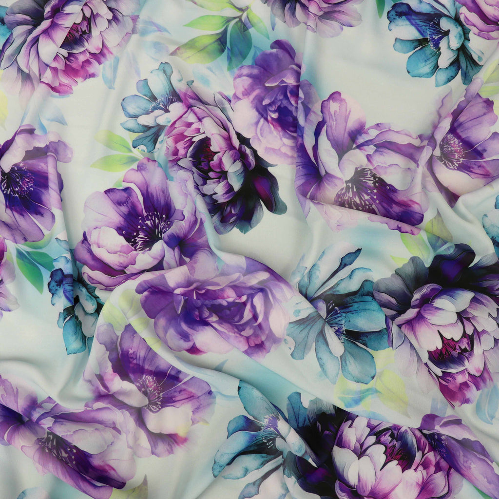 Lilac Purple Teal Watercolour Floral Woven Crepe Dress Fabric