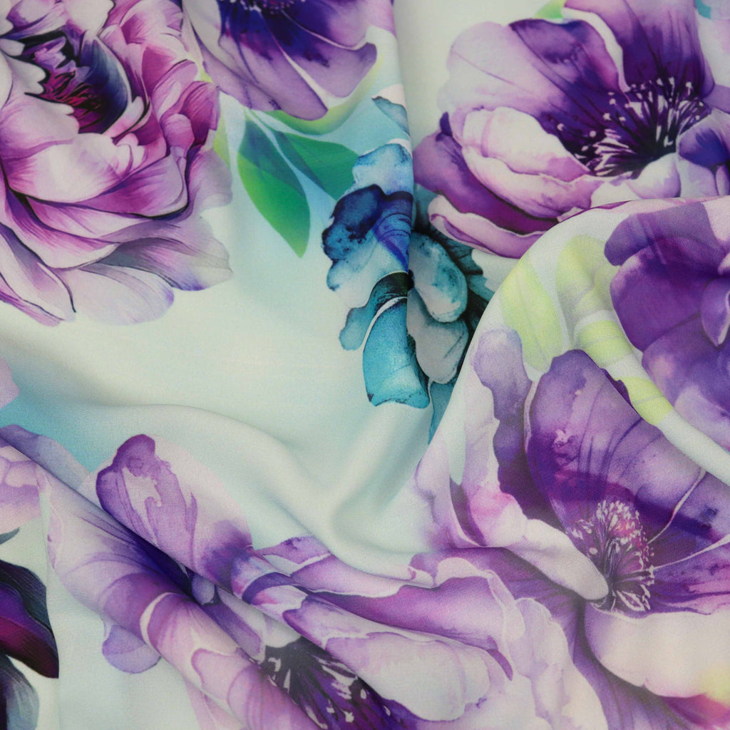 Lilac Purple Teal Watercolour Floral Woven Crepe Dress Fabric