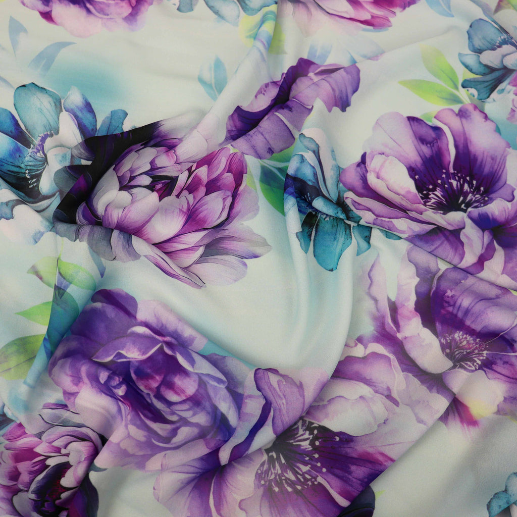 Lilac Purple Teal Watercolour Floral Woven Crepe Dress Fabric