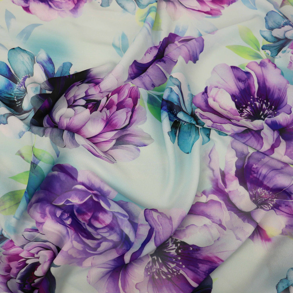Lilac Purple Teal Watercolour Floral Woven Crepe Dress Fabric