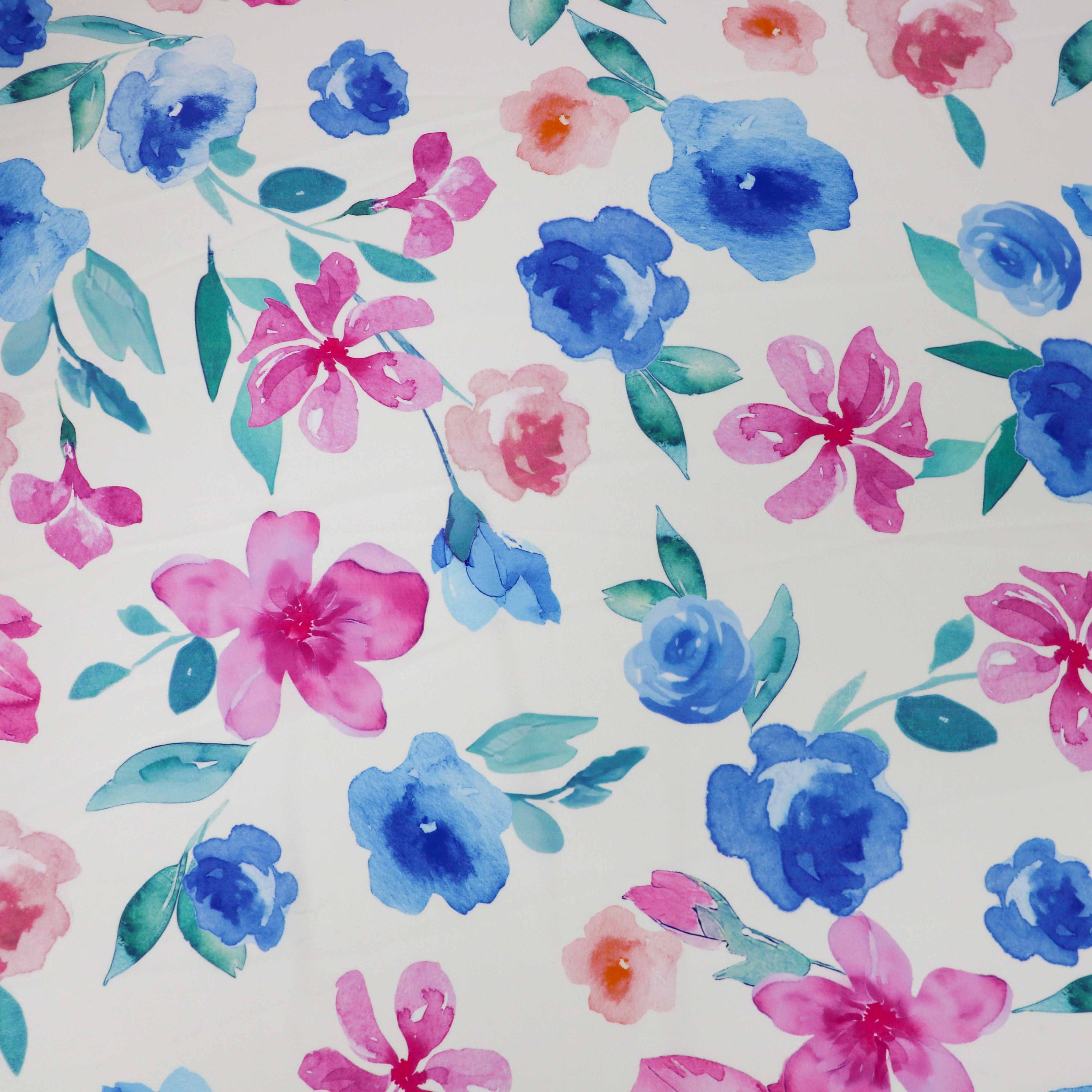 Pink Blue Watercolour Floral Woven Crepe Dress Fabric