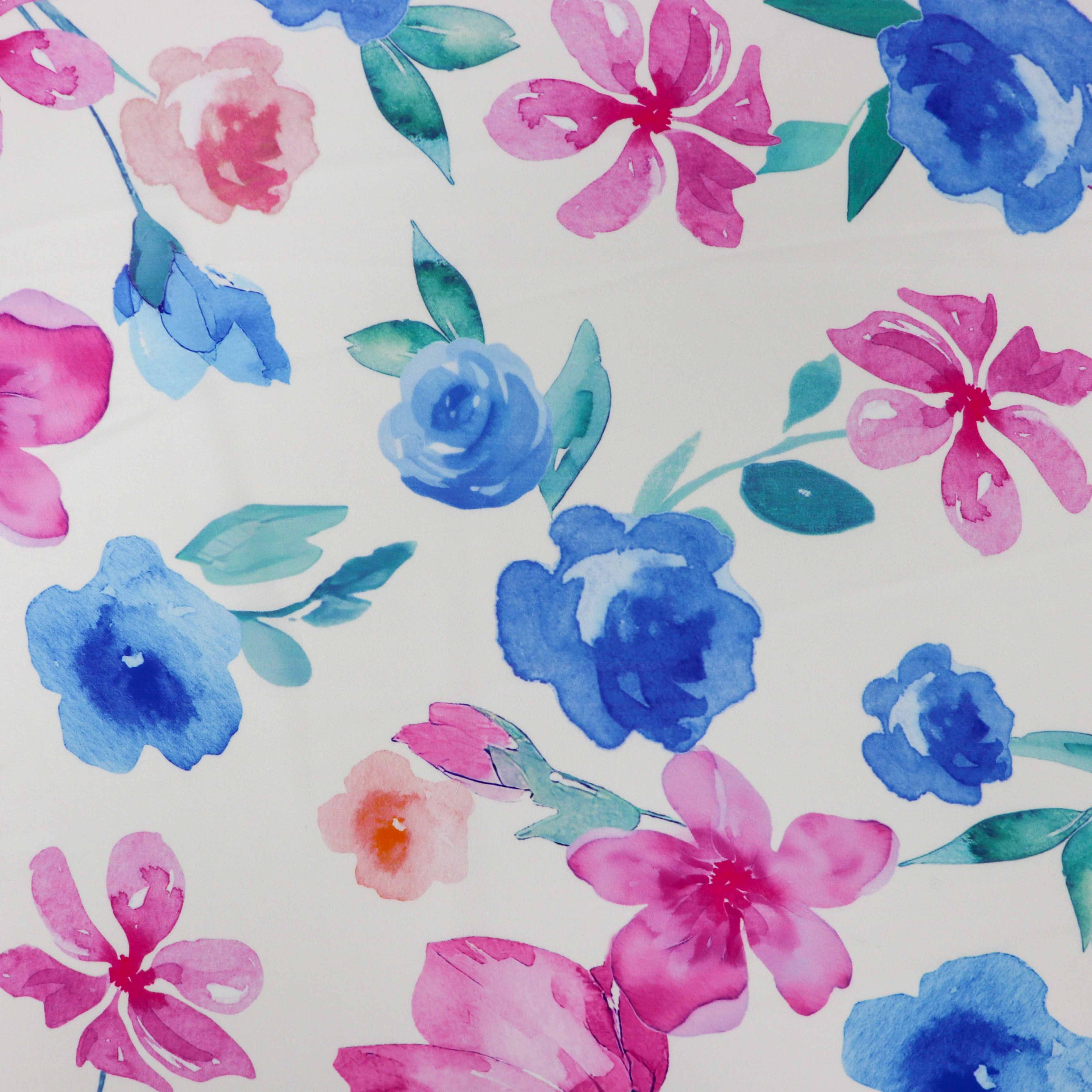 Pink Blue Watercolour Floral Woven Crepe Dress Fabric