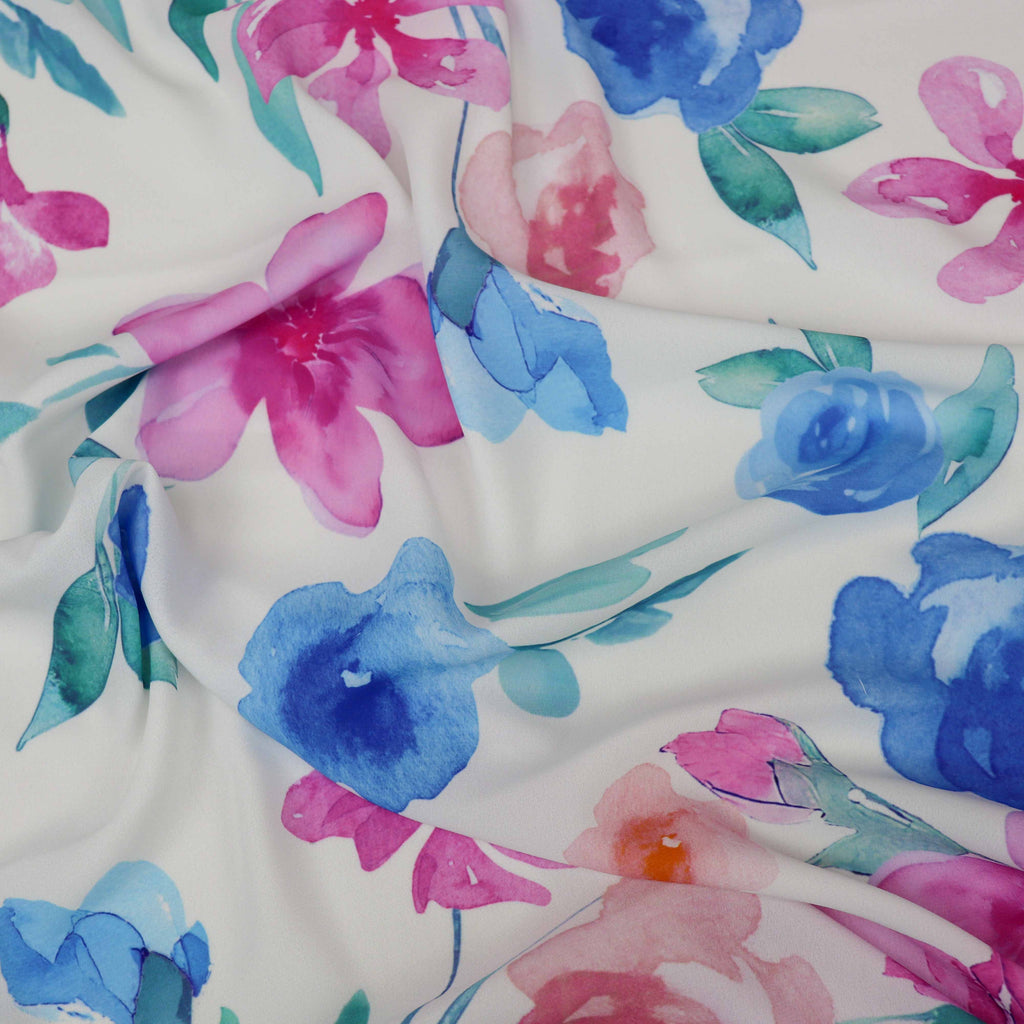 Pink Blue Watercolour Floral Woven Crepe Dress Fabric