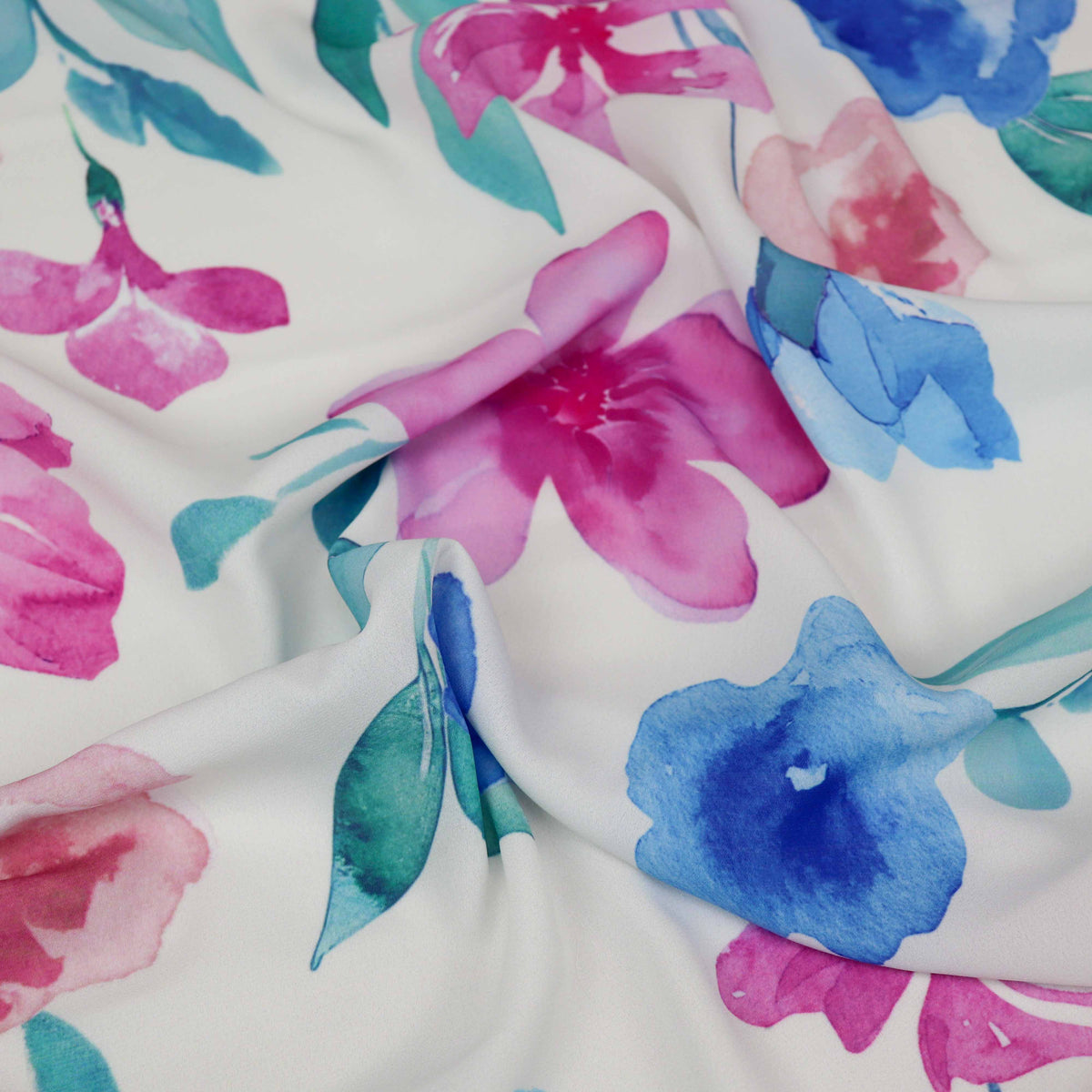 Pink Blue Watercolour Floral Woven Crepe Dress Fabric