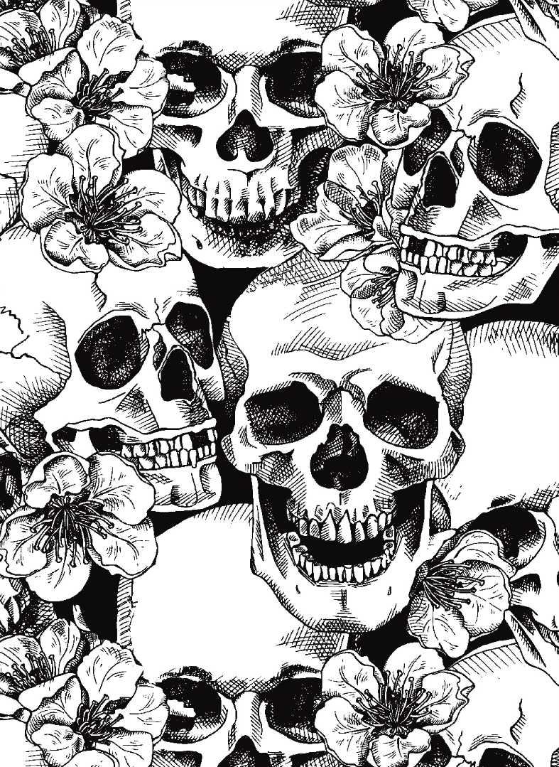 Monochrome Floral Skull Fabric | Gothic