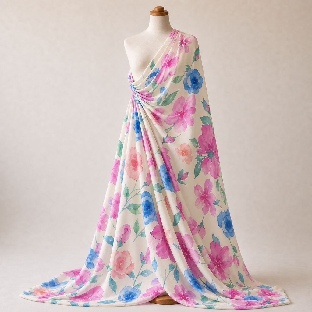 Pink Blue Watercolour Floral Woven Crepe Dress Fabric