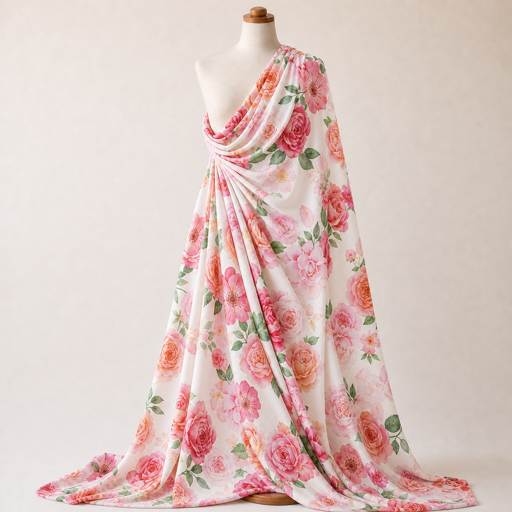 Pink Coral Watercolour Rose Woven Crepe Dress Fabric