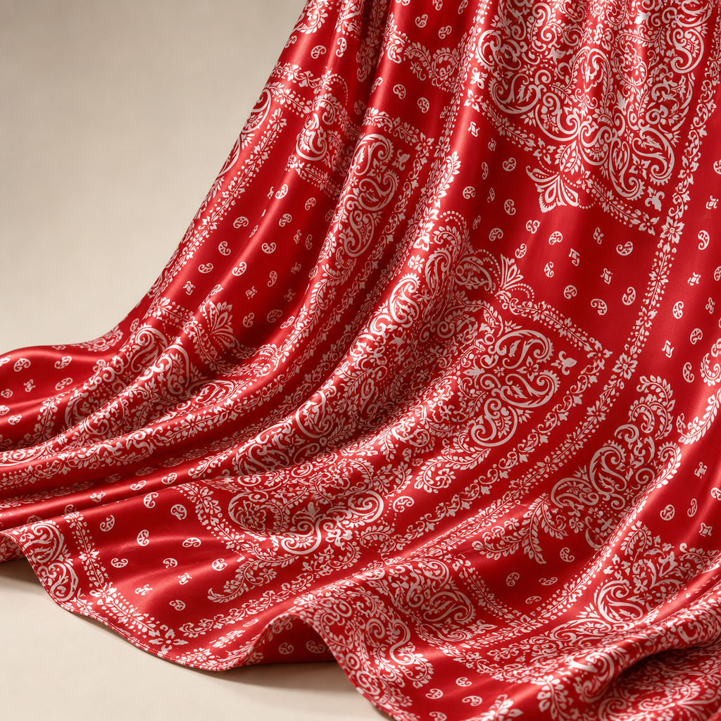 Red Bandana Paisley Print Stretch Satin Dress Fabric