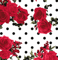 Red rose and black polka dot floral fabric on white background