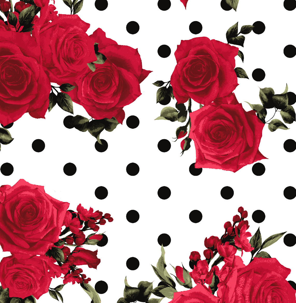 Red rose and black polka dot floral fabric on white background