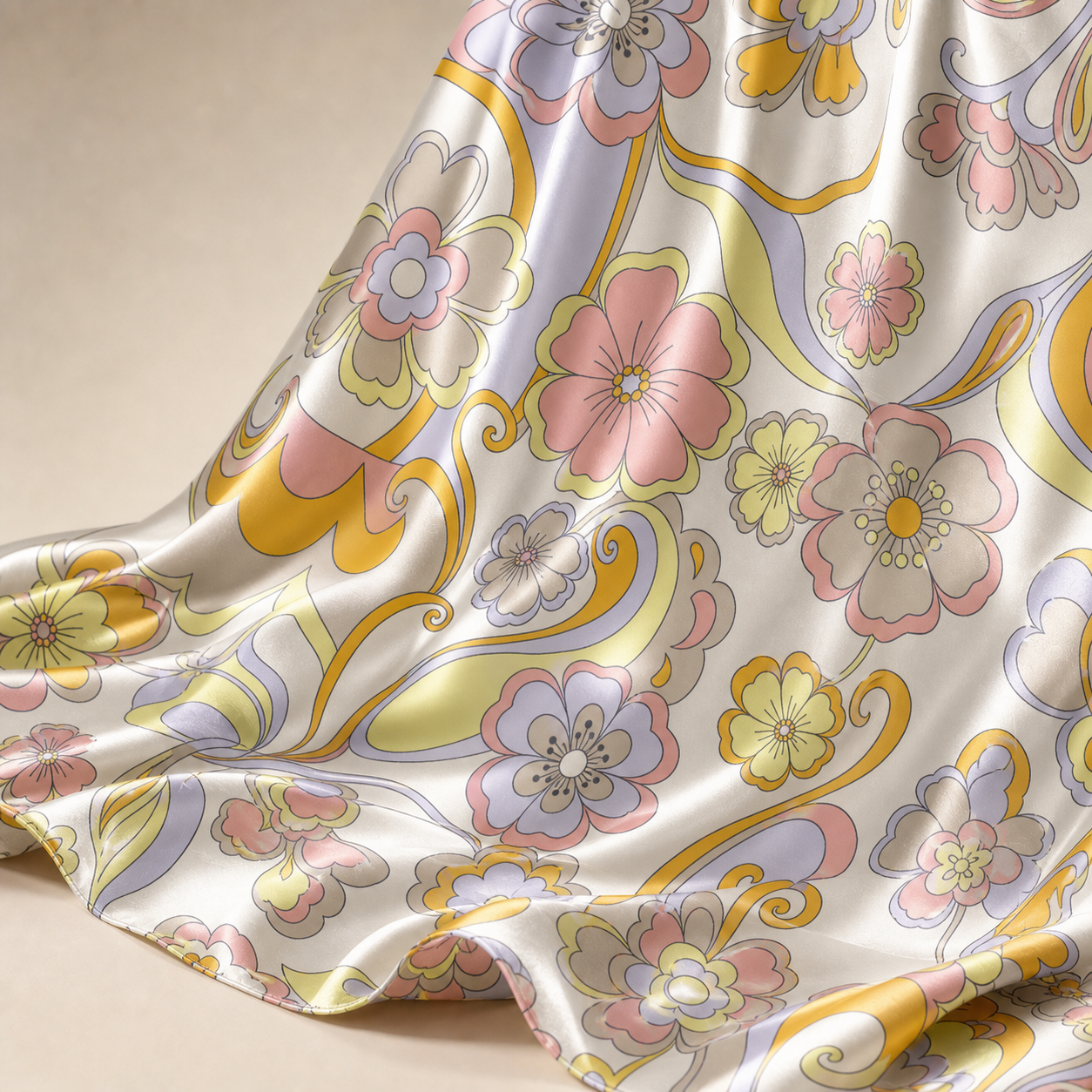 Retro Floral Print Stretch Satin Dress Fabric – Pink Yellow Lilac