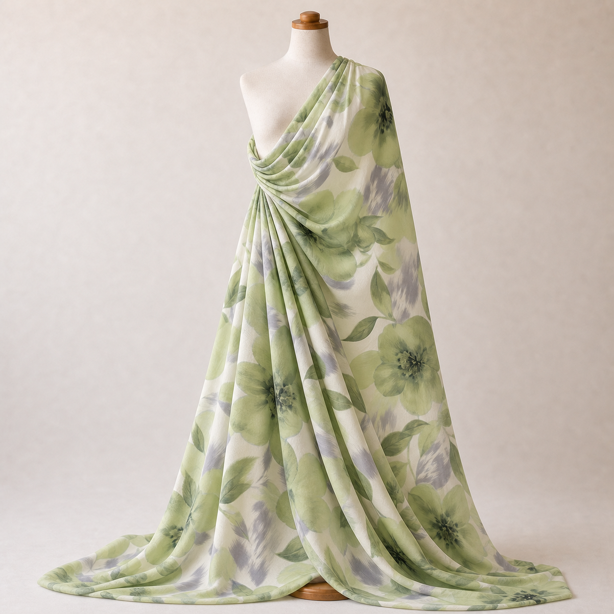 Sage Green Watercolour Floral Woven Crepe Dress Fabric