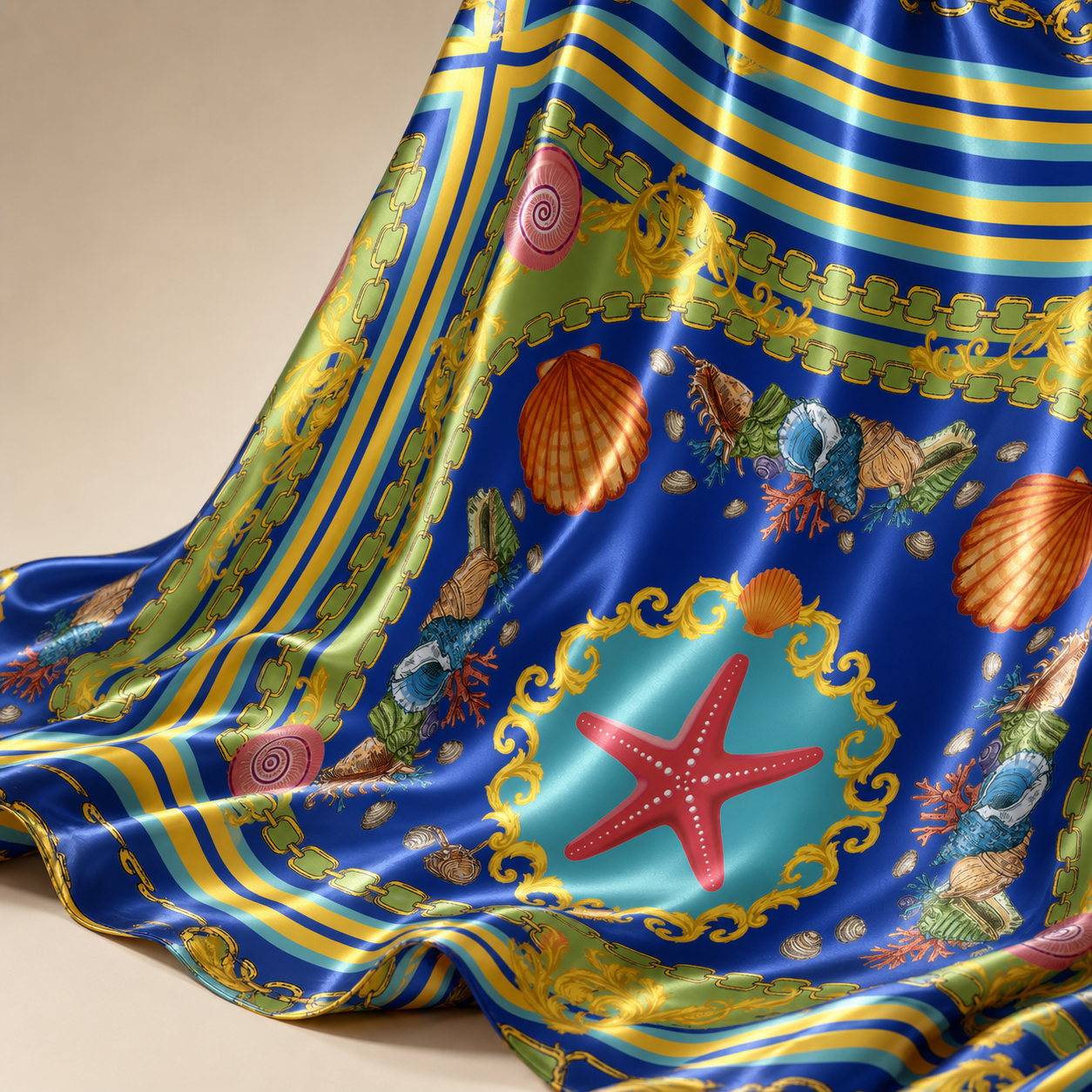 Blue Nautical Seashell Starfish Scarf Print Stretch Satin Fabric
