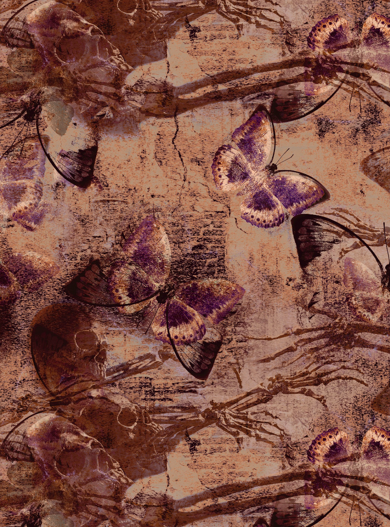 Vintage Gothic Skull & Butterfly Fabric