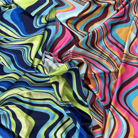 FS1192 Swirly Spandex All Way Stretch Fabric Pink Orange Blue | Fabric | Blue, fabric, New, Pink, Pucci, sports, Swim, Swimming, Swimwear, Swirl, Tie Dye | Fabric Styles