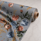 Grey Vintage Botanical Floral Print Fabric