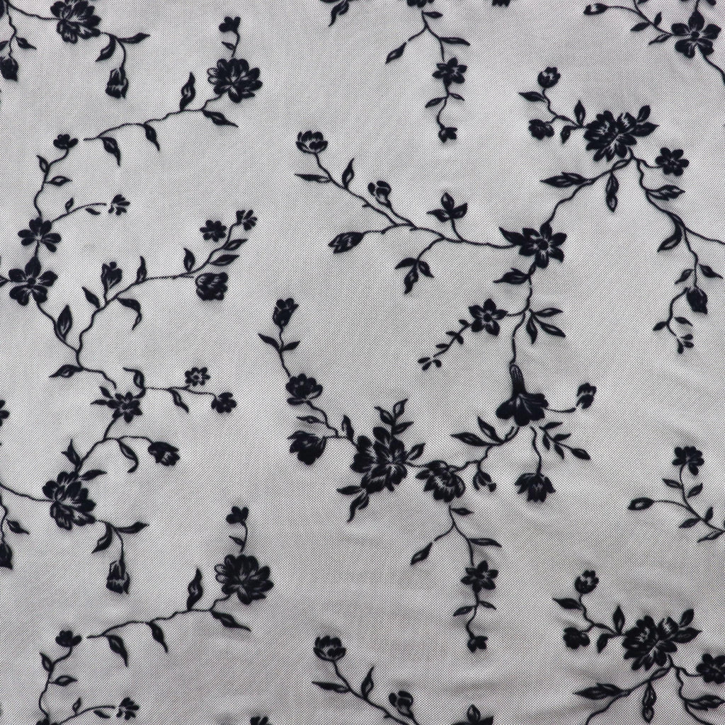 Black Floral Flock Power Mesh Fabric