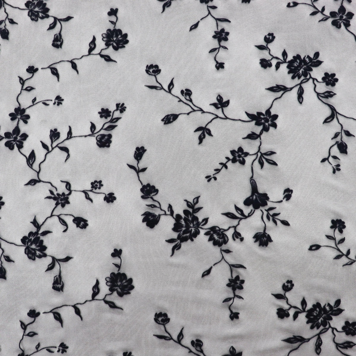 Black Floral Flock Power Mesh Fabric