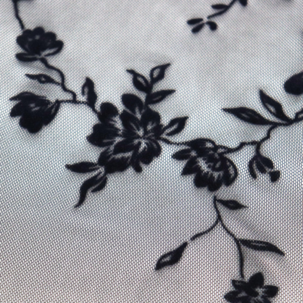 Black Floral Flock Power Mesh Fabric