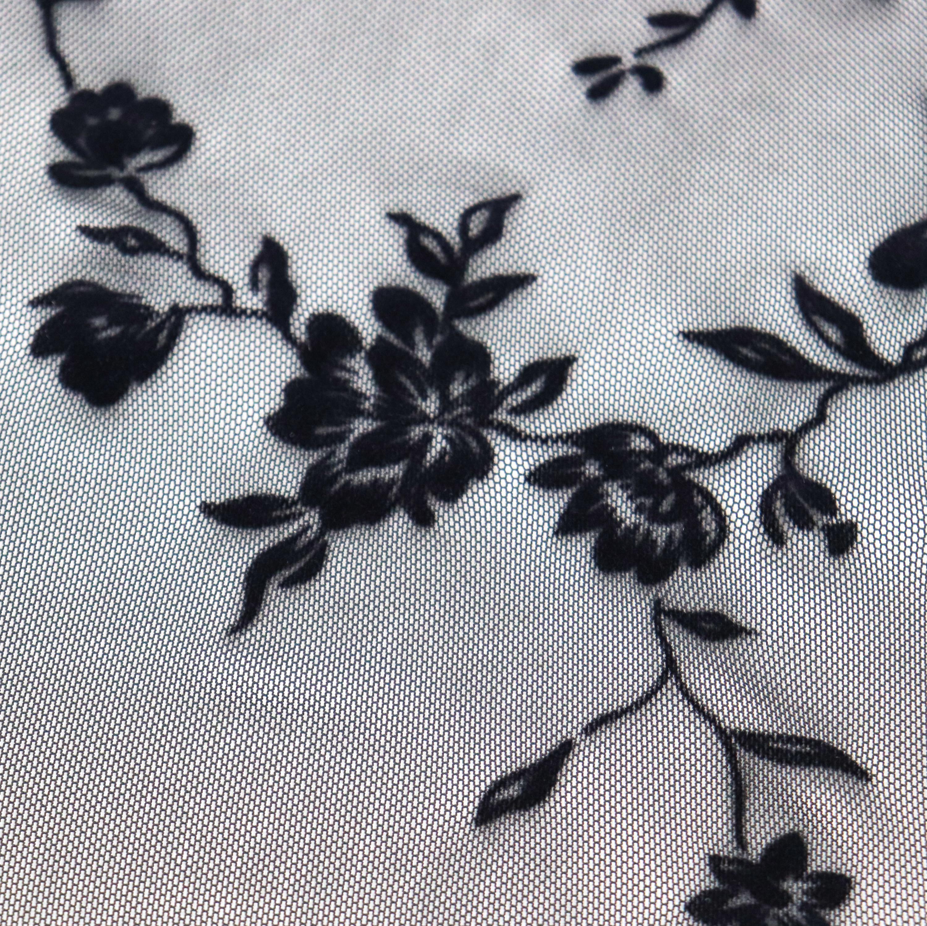 Black Floral Flock Power Mesh Fabric