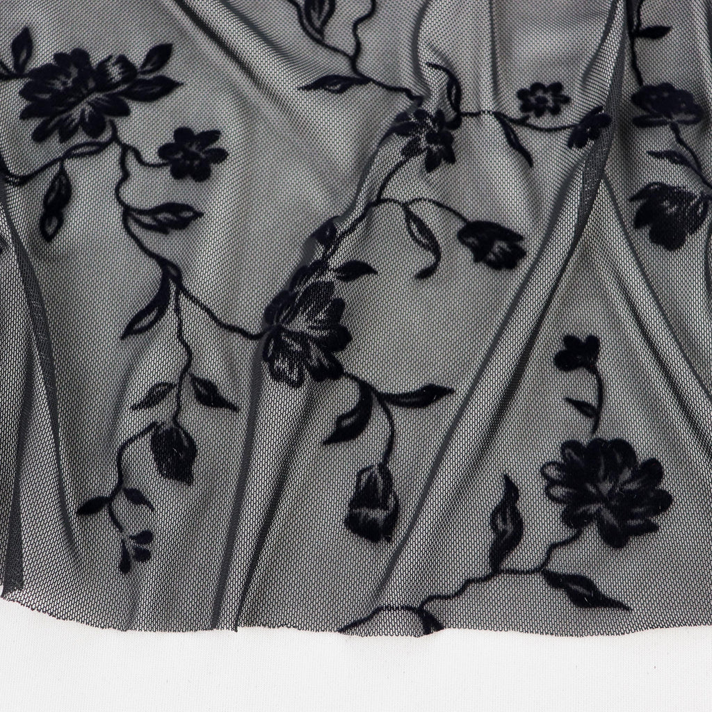 Black Floral Flock Power Mesh Fabric