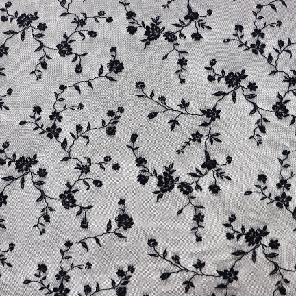 Black Floral Flock Power Mesh Fabric