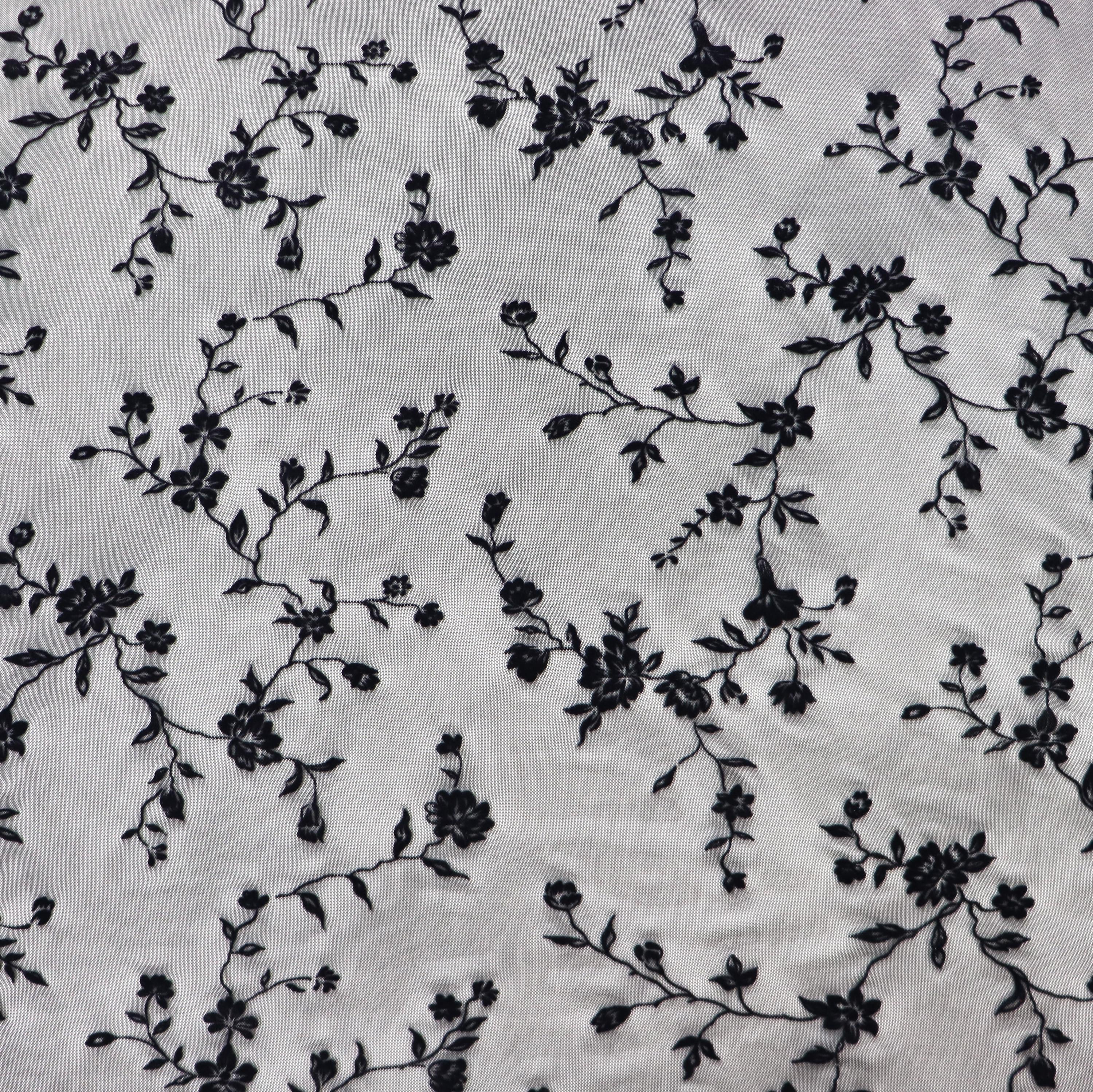 Black Floral Flock Power Mesh Fabric