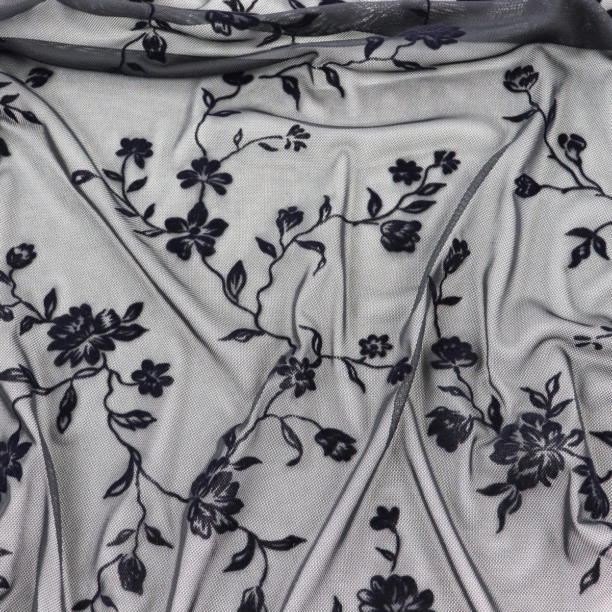 Black Floral Flock Power Mesh Fabric