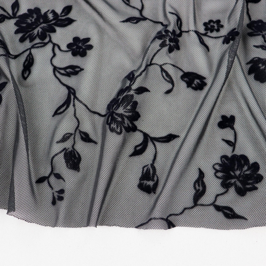 Black Floral Flock Power Mesh Fabric