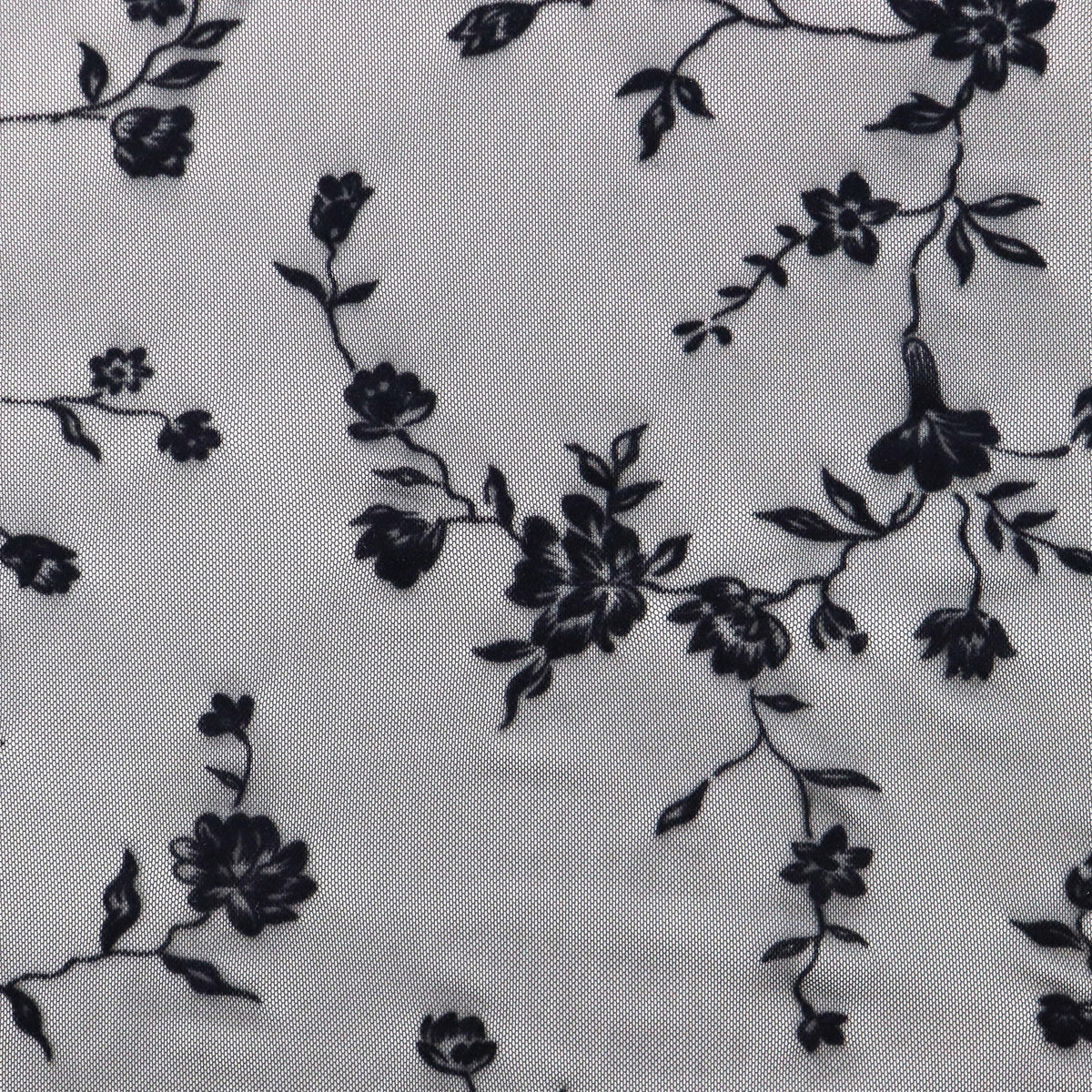 Black Floral Flock Power Mesh Fabric