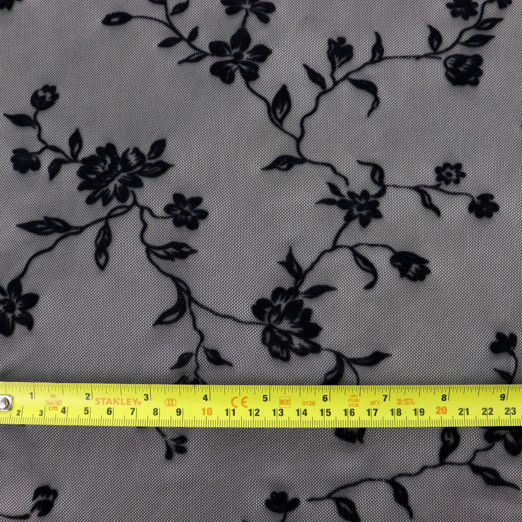 Black Floral Flock Power Mesh Fabric