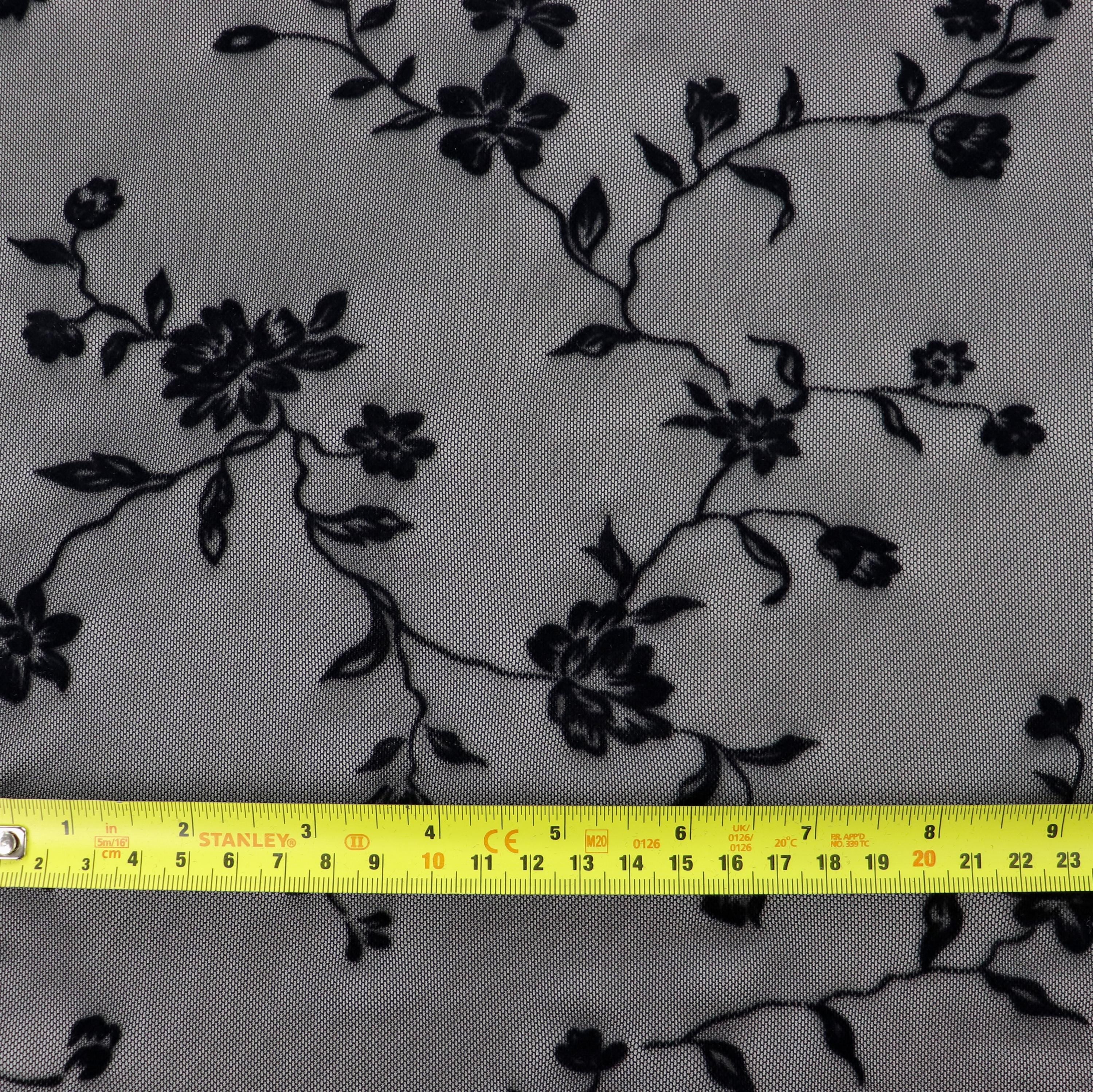 Black Floral Flock Power Mesh Fabric