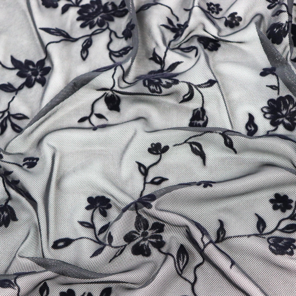 Black Floral Flock Power Mesh Fabric