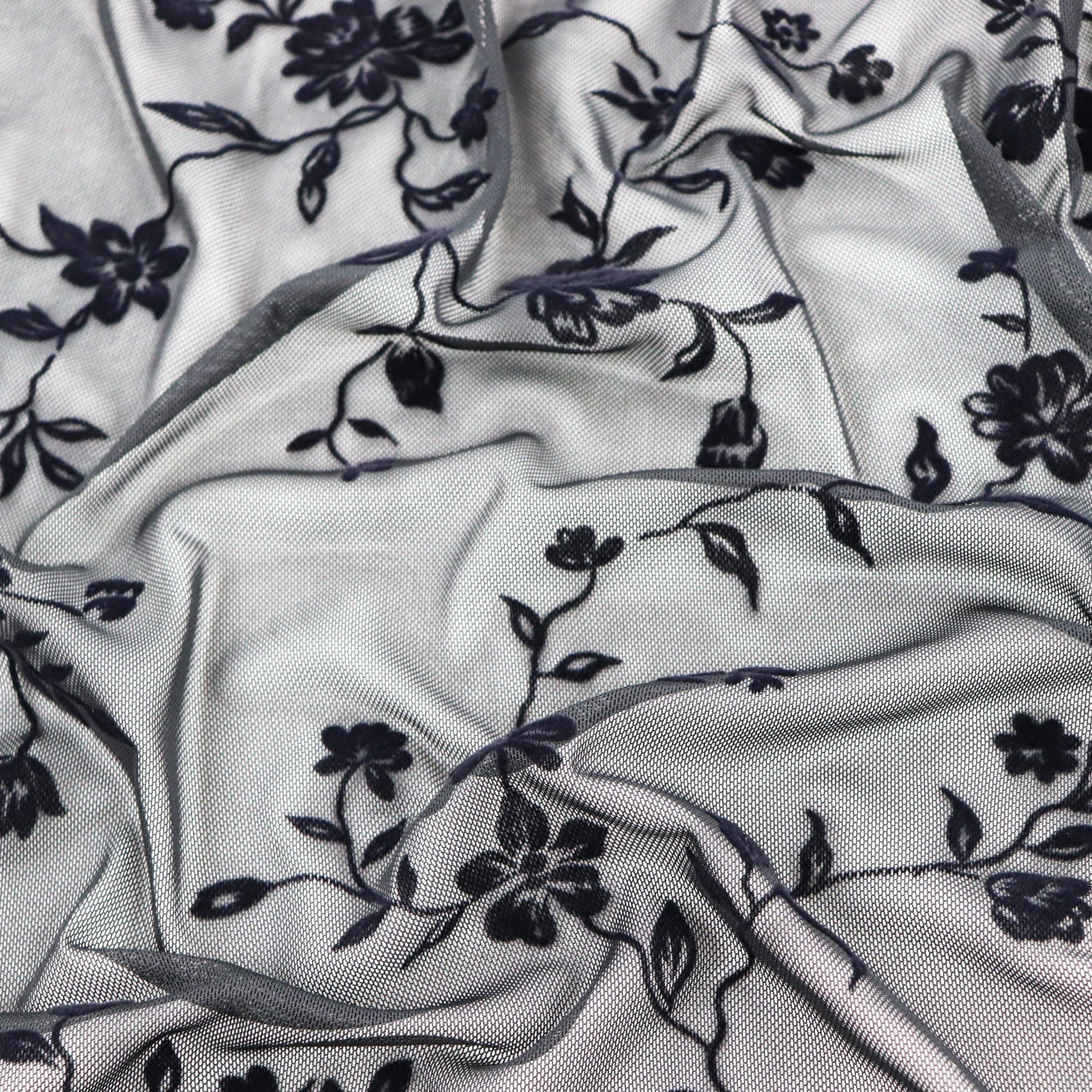 Black Floral Flock Power Mesh Fabric