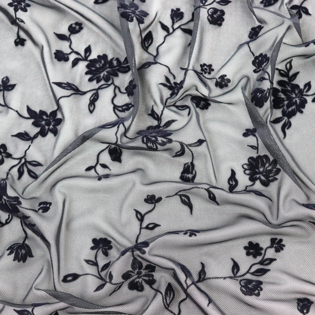 Black Floral Flock Power Mesh Fabric