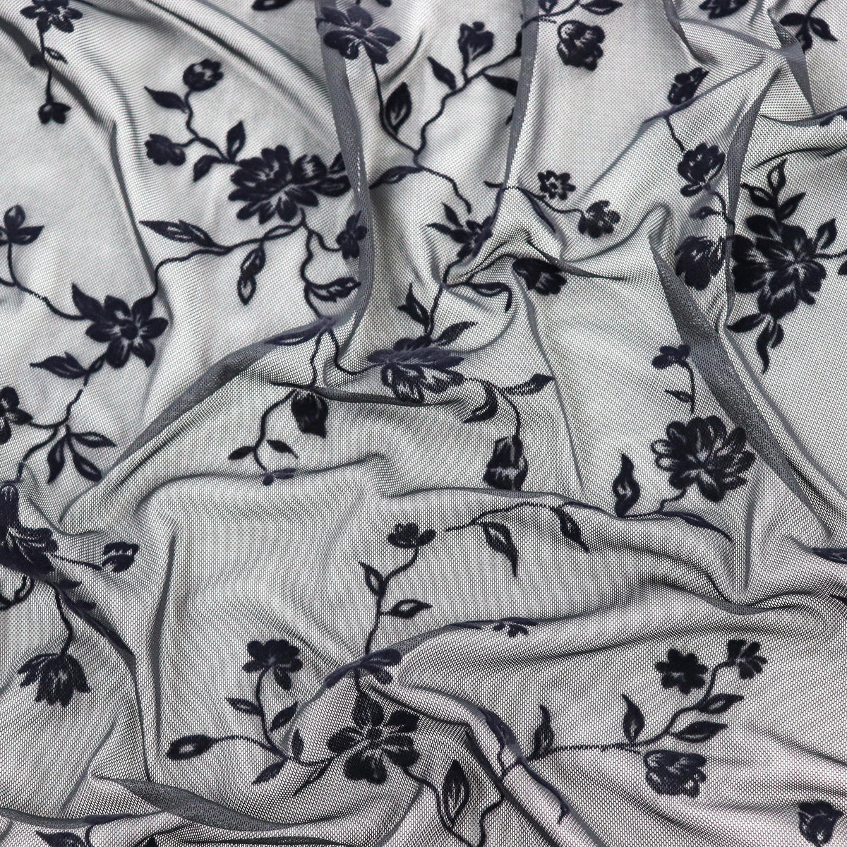 Black Floral Flock Power Mesh Fabric