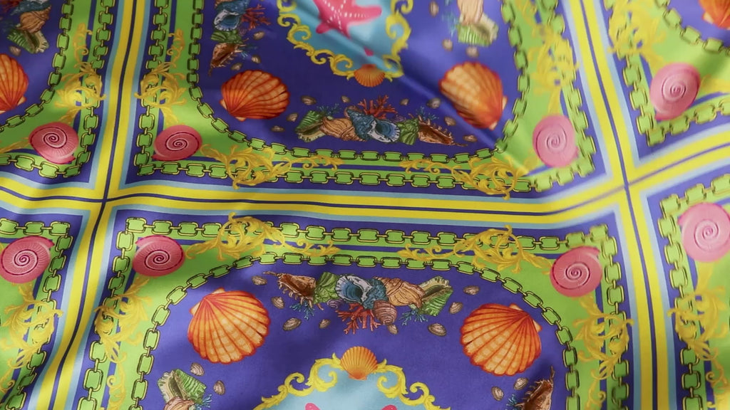 Blue Nautical Seashell Starfish Scarf Print Stretch Satin Fabric