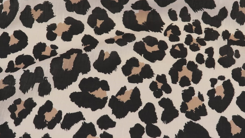 Cream Black & Tan Leopard Animal Print Linen Look Fabric