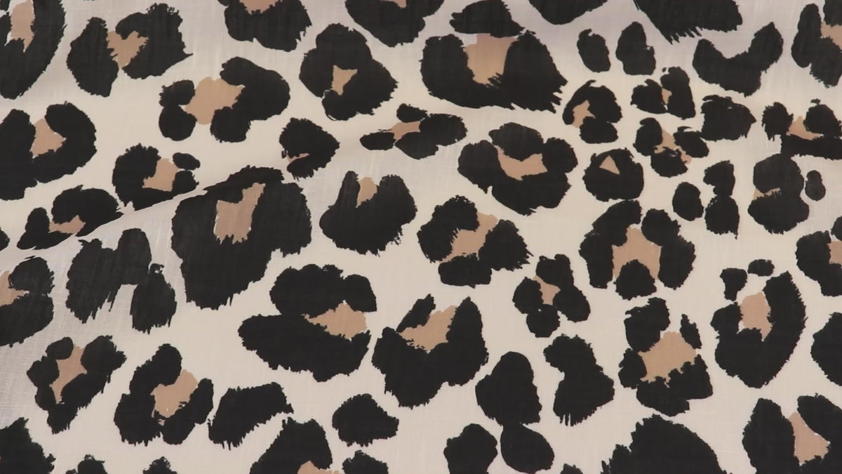 Cream Black & Tan Leopard Animal Print Linen Look Fabric